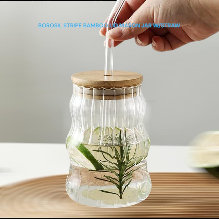 Borosil Stripe Bamboo Lid Mason Jar W/Straw