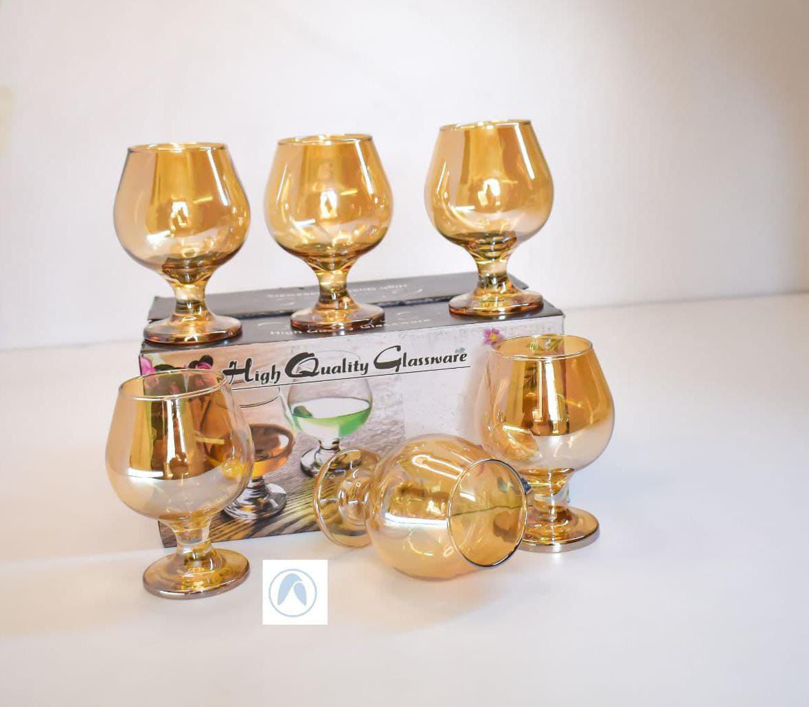 COGNAC GLASSES. 6pcs Gold Brandy cognac glasses set, For serving whisky, wine etc, Easy to clean, Durable glass material, Adorable and executive