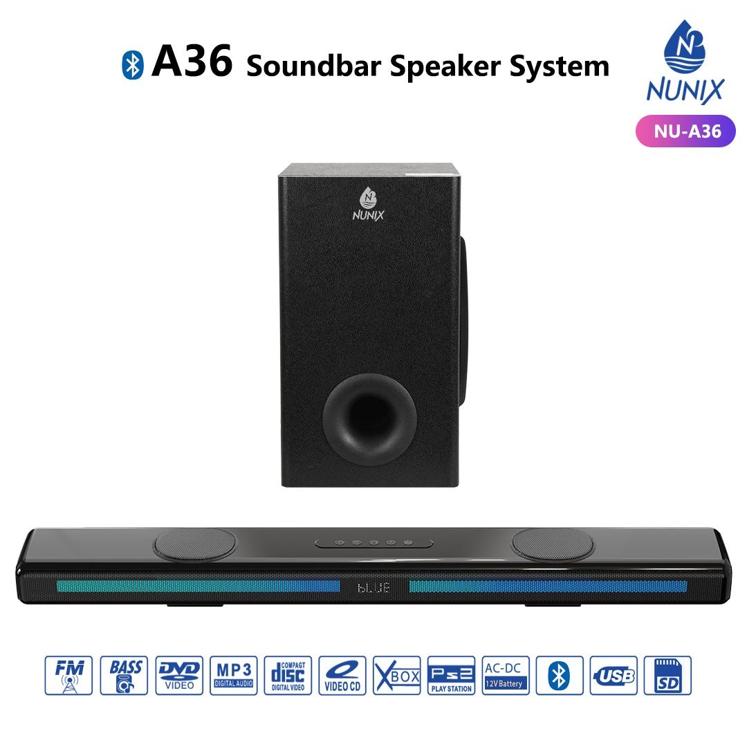 SOUND BAR. Nunix A36 Soundbar Speaker System, High-quality sound with deep bass for an immersive audio experience. Bluetooth connectivity for wireless streaming from your devices.