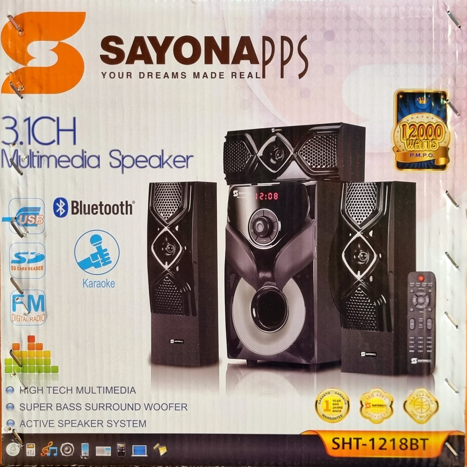 😗BEST OF Sayona SHT-1218BT 3.1 😙🫢This Sayona woofer boasts of a bass system of 12000W output power. It comes with 3 speakers and a super bass surround system effect, giving you the best experience.
