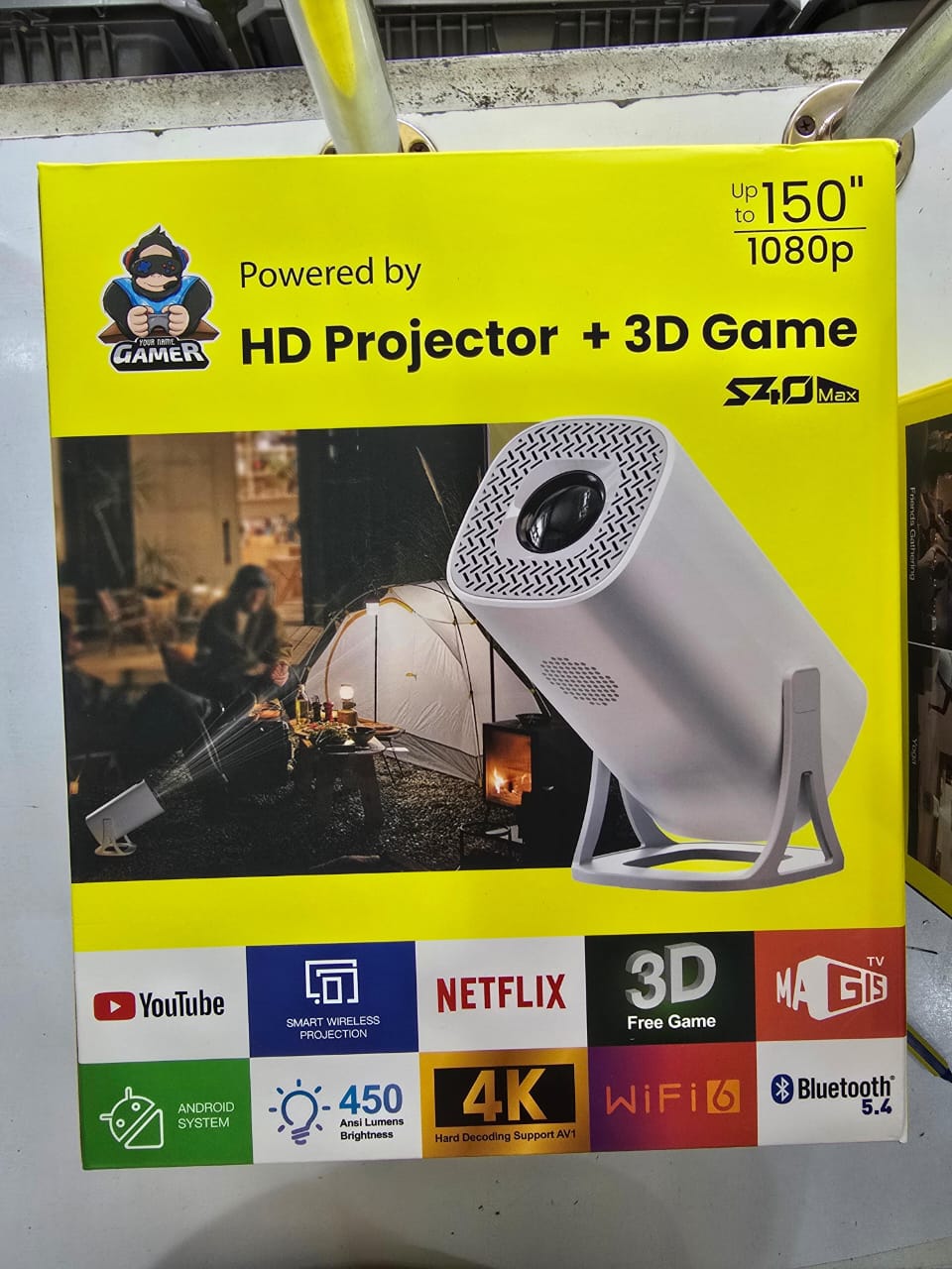 S40 Max portable smart Android projector. 
It supports projection up to 150" at 1080p HD resolution and 4K decoding. 
Brightness is rated at 450 ANSI lumens. 
It operates on an Android system with pre