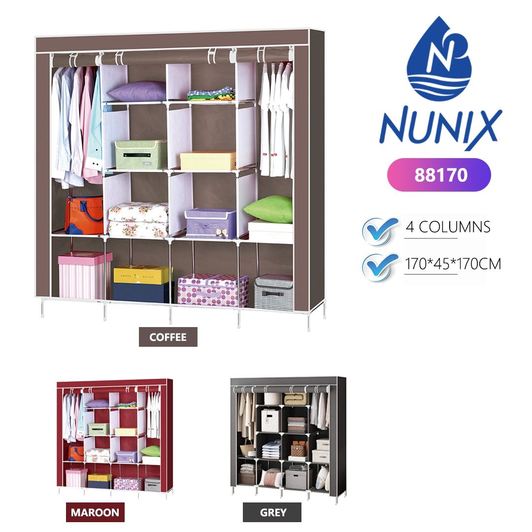 Nunix 88170 4-column portable metallic wardrobe.    Description: This item is a robust and stylish storage solution designed for organizing clothes, shoes, and accessories efficiently. It is highly po