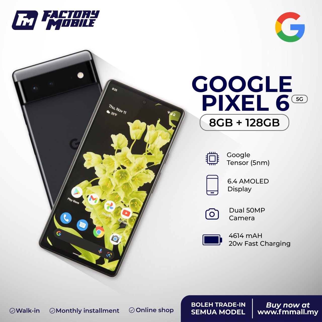 REFURBISHED CLEAN 99% GOOGLE PIXEL 6 128GB  SIM/E-SIM 6.4 INCHES 8GB RAM 128GB ROM DUAL REAR CAMERA 50MP + 12MP FRONT CAMERA 8MP BATTERY CAPACITY 4614 Mah