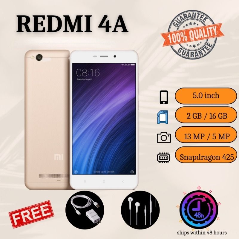 REFURBISHED XIAOMI REDMI 4A 16GB 2GB RAM GOLD DISPLAY 5.0 INCHES BACK CAMERA 13.0 MP DUAL SIM ANDROID 8