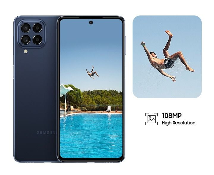 REFURBISHED 99% CLEAN SAMSUNG M53 5G 128GB ROM 8GB RAM DISPLAY 6.7 INCHES REAR CAMERA 108MP + 8MP + 2MP + 2MP BATTER CAPACITY 5000Mah ANDROID 15