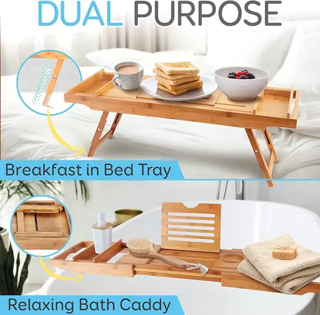 New arrival! Expandable Bamboo Bathtub Caddy Tray / Breakfast Bed Table with Stands