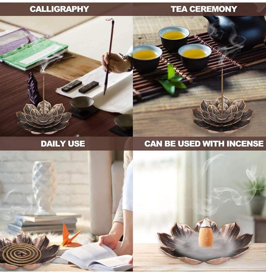 Lotus Incense Holder Brass Stick Incense Holder Cone Coil Incense Burner with Detachable Ash Catcher for Home Office Yoga Meditation