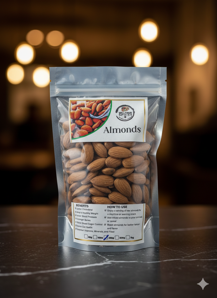 Roasted Oragnic Almonds :Almonds provide heart-healthy fats, essential fiber, and Vitamin E to support brain function, steady blood sugar, and strong bone health