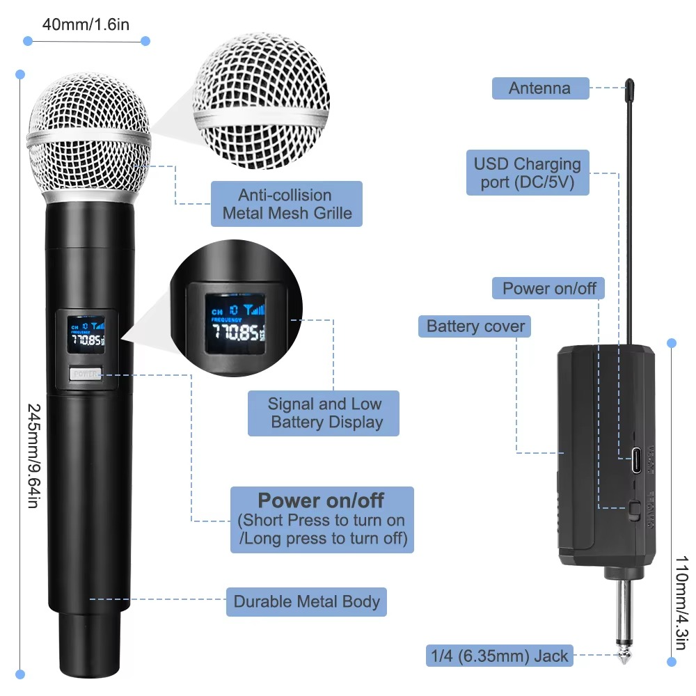 2PC UHF Wireless Dual Handheld Dynamic Microphone Karaoke Microphone with Rechargeable Receiver for Wedding Party Speech Church Club