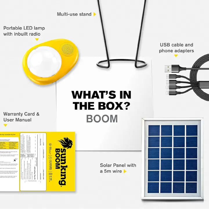 Sun King Boom [3-in-1] Portable Solar Lamp with FM, MP3, and USB Mobile Charging