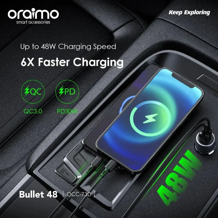 oraimo Bullet 48W Fast Charging Compact Safe Car / DC / Solar Phone Charger