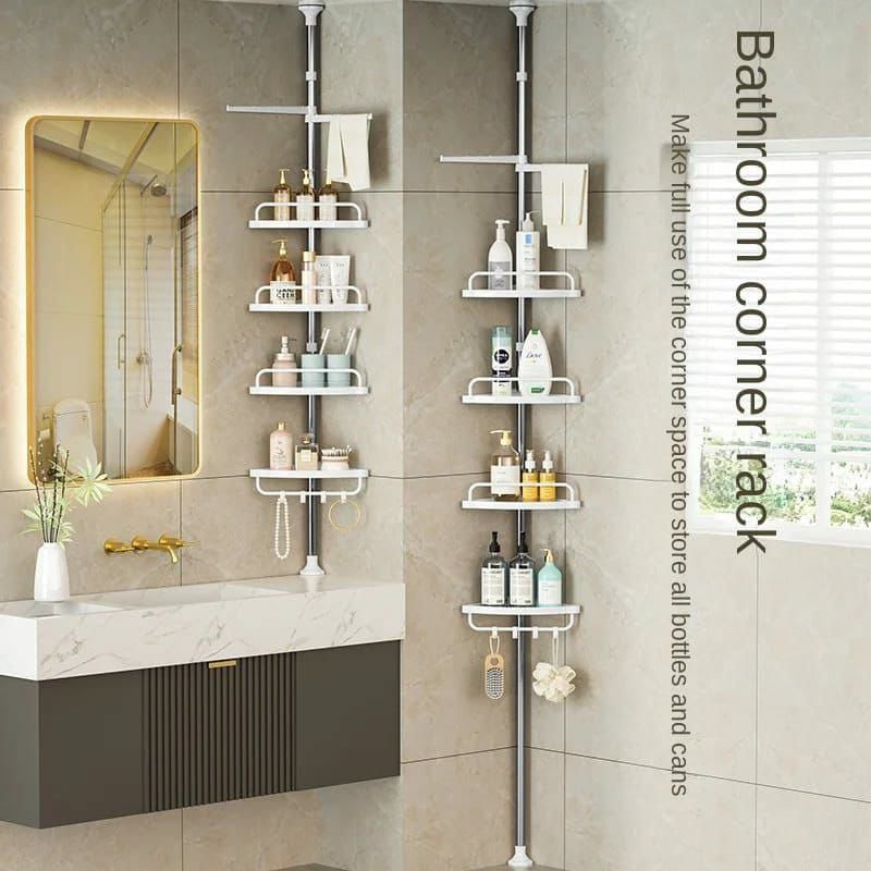 4 Tier Adjustable Telescopic Multi-Corner Shelf Organiser,Adjustable Basket Over Shower Head Shower Organizer Hanging with Hooks Shower Racks for Inside Shower Shelf Anti-Swing Bathroom Organizer