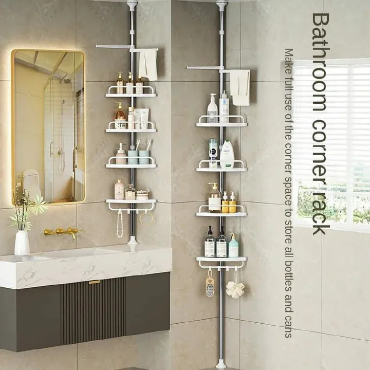 4 Tier Adjustable Telescopic Multi-Corner Shelf Organiser,Adjustable Basket Over Shower Head Shower Organizer Hanging with Hooks Shower Racks for Inside Shower Shelf Anti-Swing Bathroom Organizer