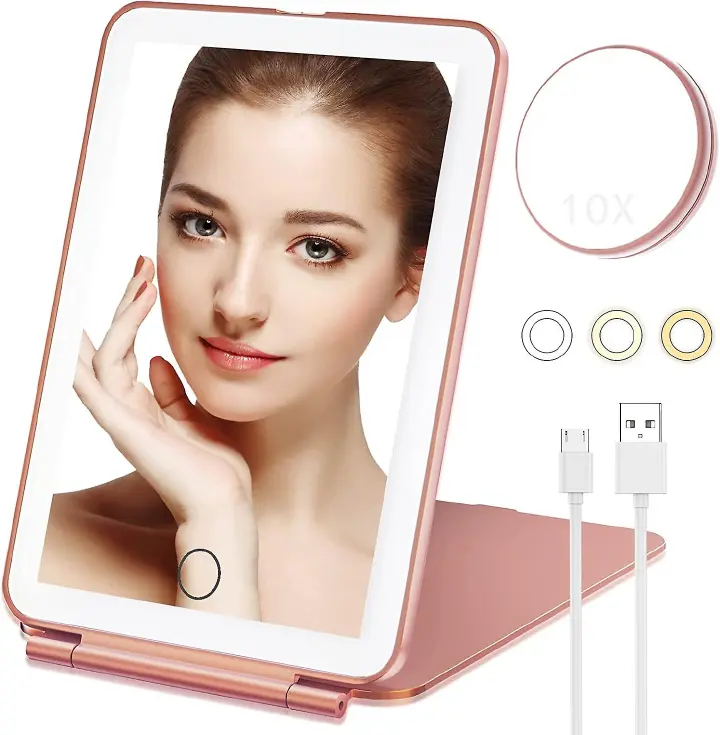 rechargeable LED travel tablet vanity mirror available in pink colour