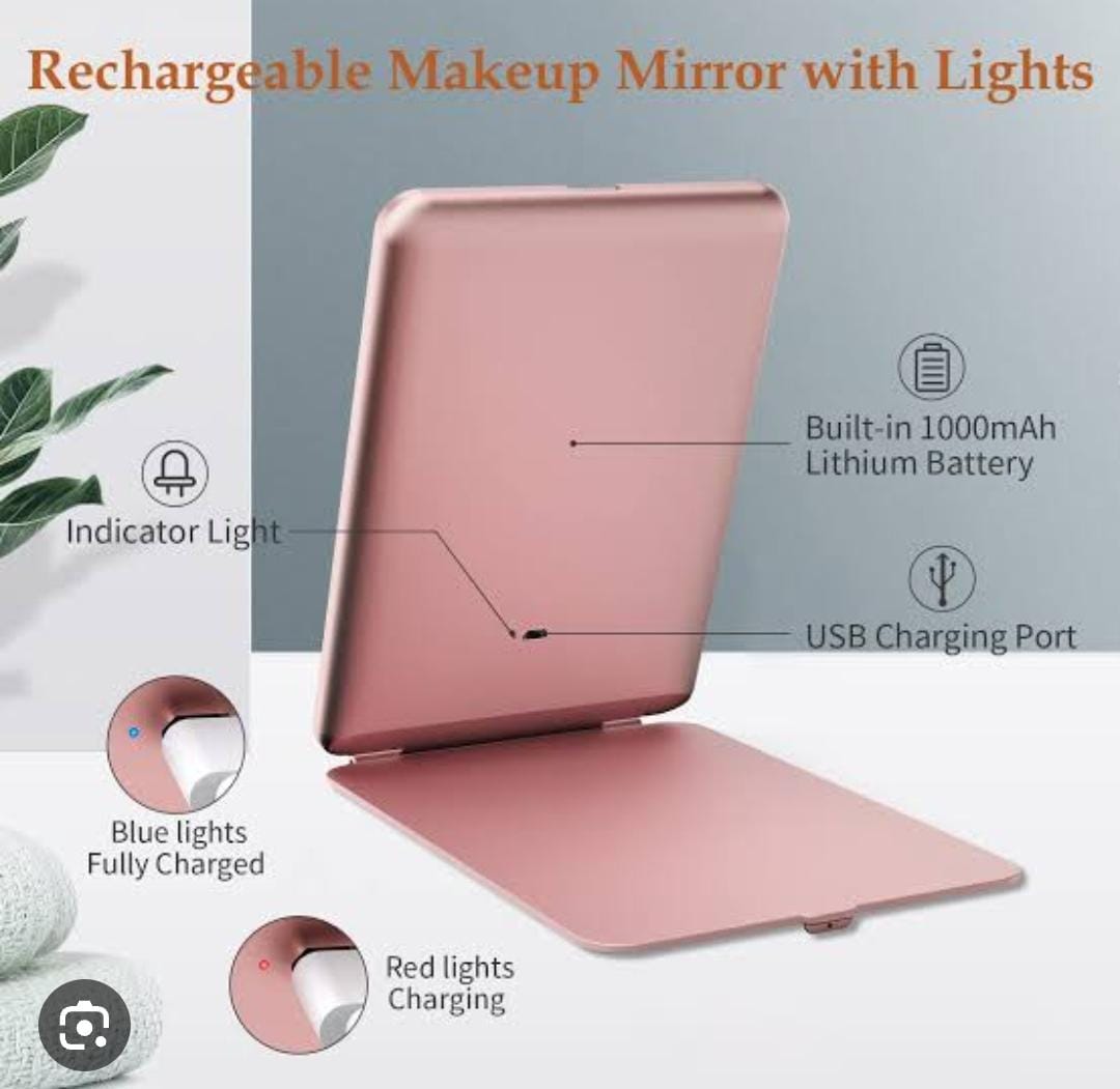 rechargeable LED travel tablet vanity mirror available in pink colour