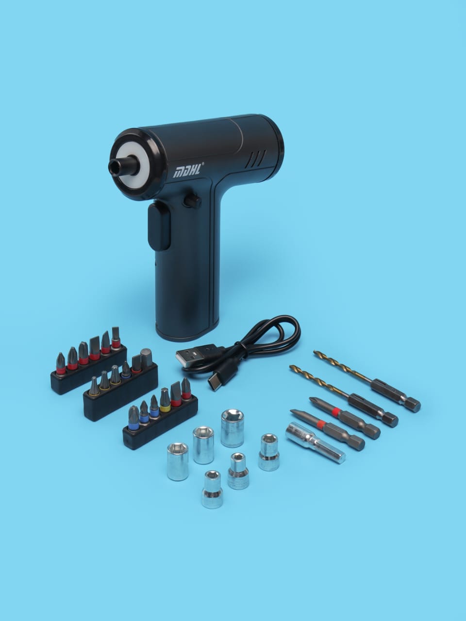 Multifunctional rechargeable electric screwdriver
>Powerful motor
>High torque 
>Complete accessories
>Model MD-8728
>Rated Voltage 4.2V
>Charging voltage 110V-220V
>No-load speed 280