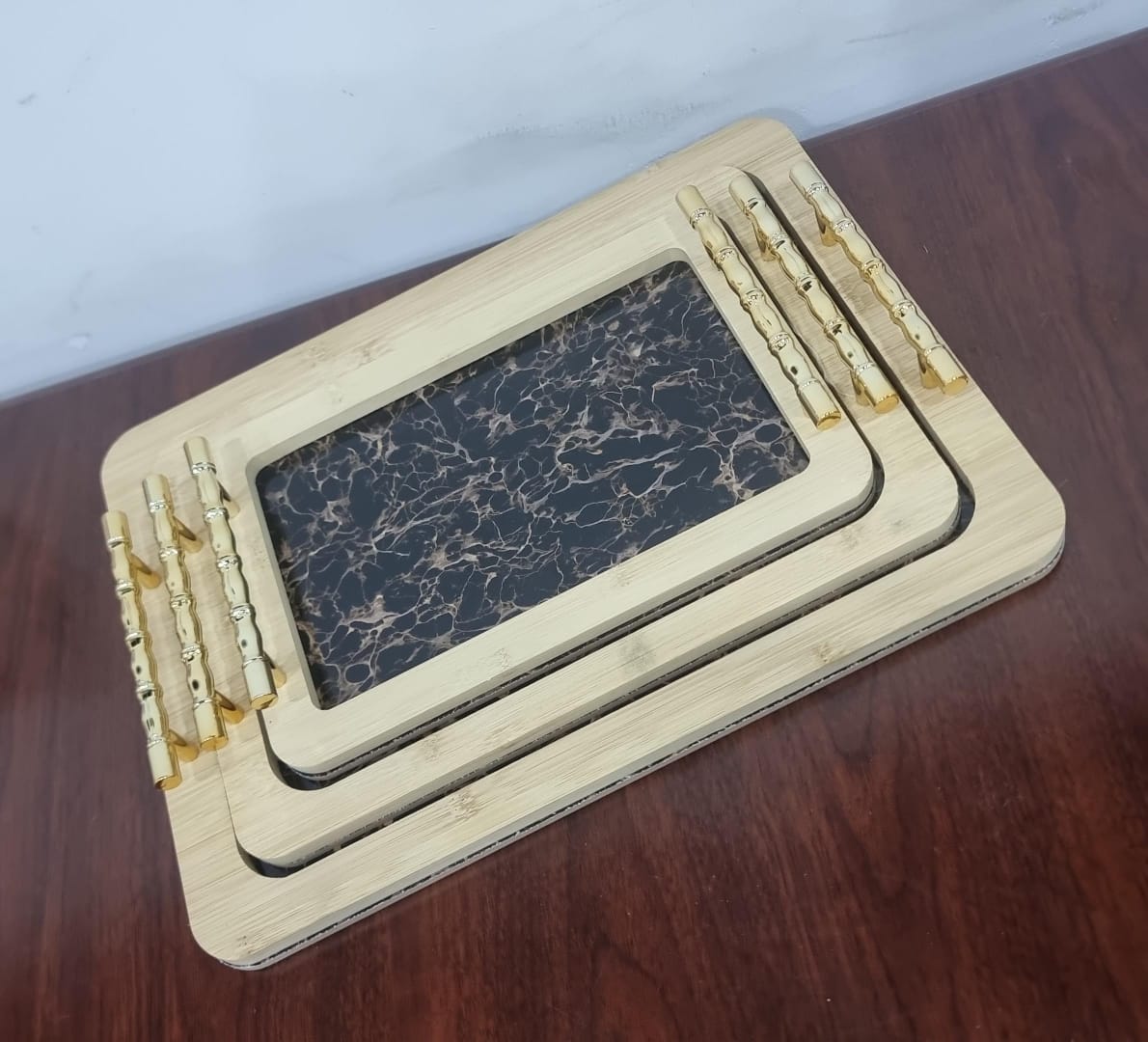 3in1 marble  wooden tray now available set of 3pcs 
Size;
Big 39x29
Middle 33x24
Small 28x19