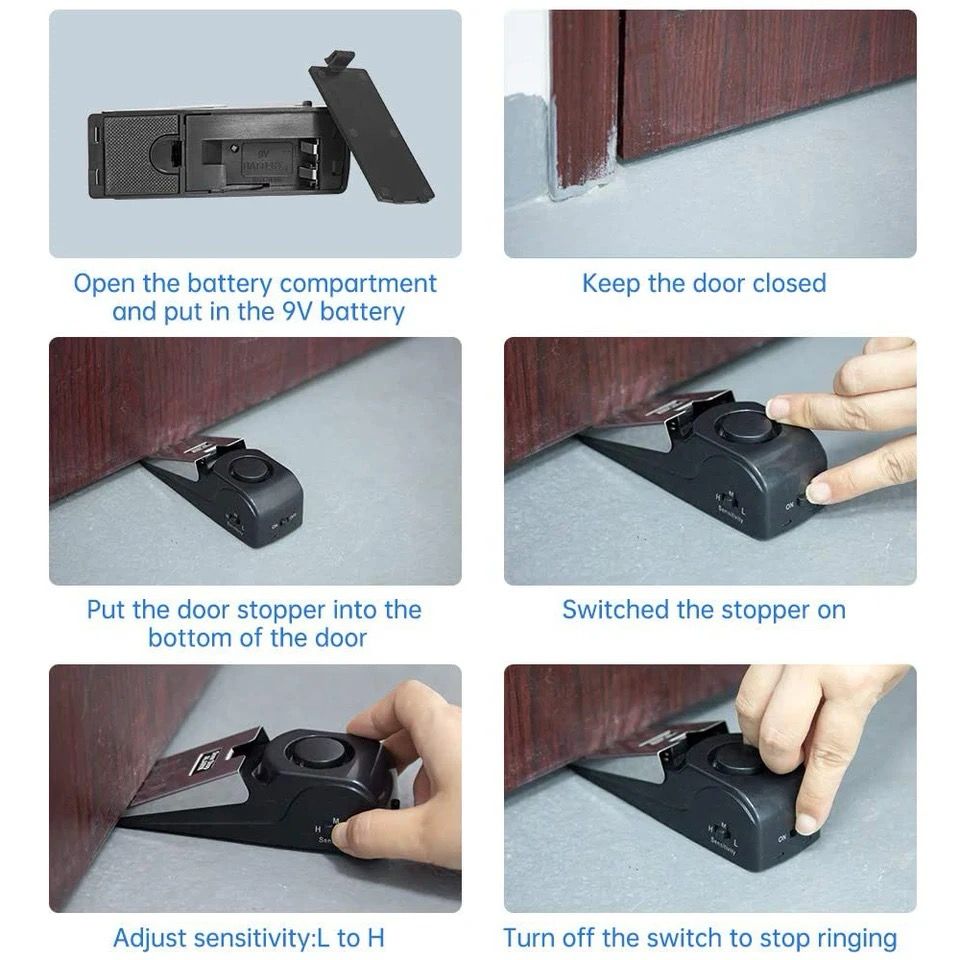 Upgraded Door Stopper Alarm WITH FREE BATTERIES Portable 120db Wedge Security Floor Door Stops Adjustable Sensitivity for Home Dormitory Traveling