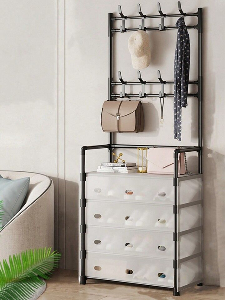 🧣4 tier 8 hook clear covers dust proof shoe, hat, bag, or coat hanger rack now available in black or white