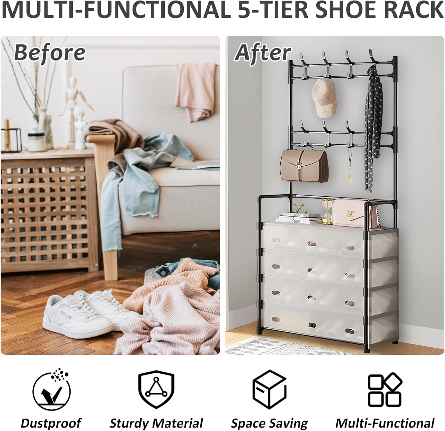 🧣4 tier 8 hook clear covers dust proof shoe, hat, bag, or coat hanger rack now available in black or white