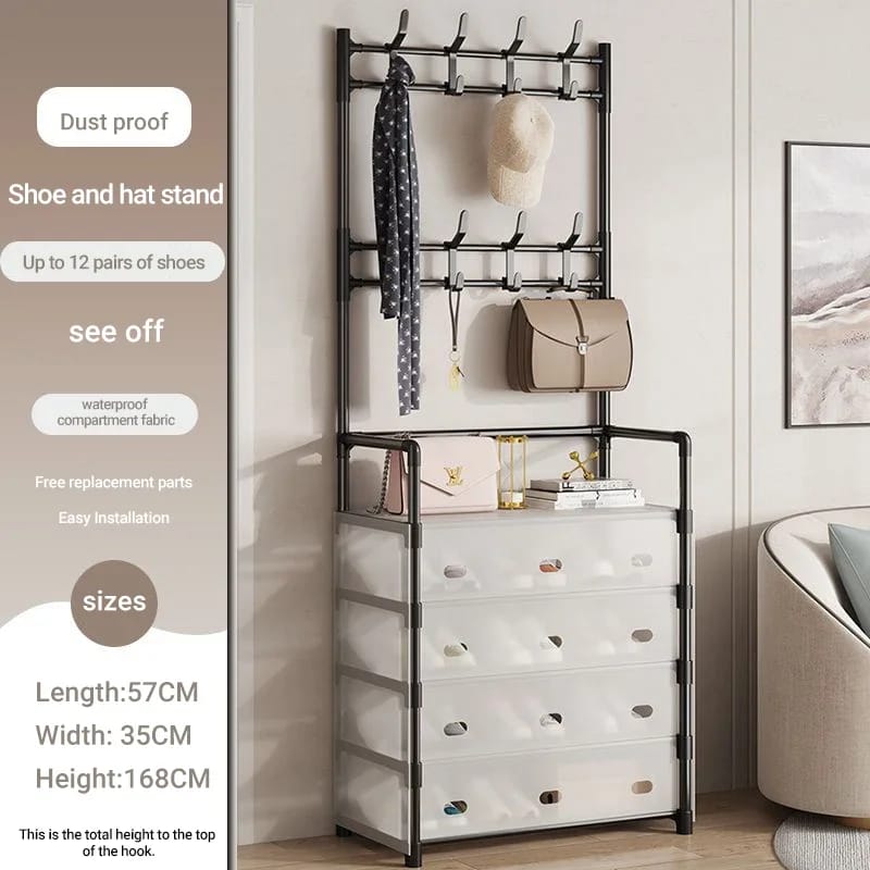 🧣4 tier 8 hook clear covers dust proof shoe, hat, bag, or coat hanger rack now available in black or white