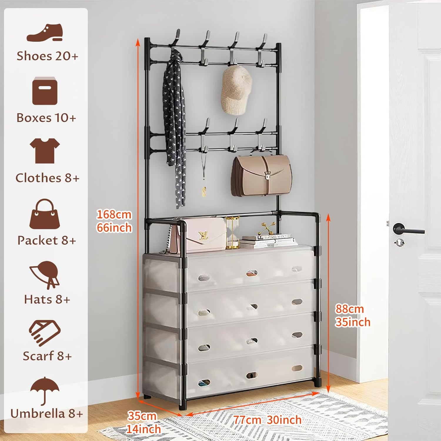 🧣4 tier 8 hook clear covers dust proof shoe, hat, bag, or coat hanger rack now available in black or white