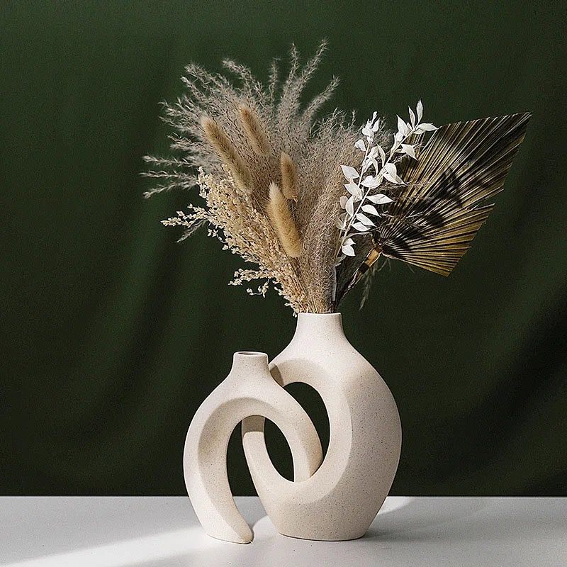 Snuggle Hollow Ceramic Vase Set of 2, Nordic Modern Boho ins Style Decorative Ceramic Aesthetic Flower Vase for Home Decor (Milky White W 6.3" X H 8.4")