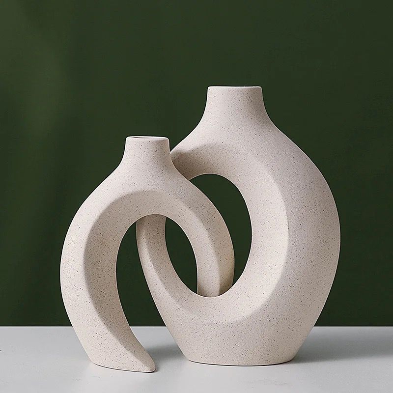 Snuggle Hollow Ceramic Vase Set of 2, Nordic Modern Boho ins Style Decorative Ceramic Aesthetic Flower Vase for Home Decor (Milky White W 6.3" X H 8.4")