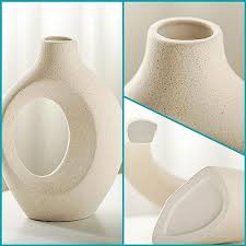 Snuggle Hollow Ceramic Vase Set of 2, Nordic Modern Boho ins Style Decorative Ceramic Aesthetic Flower Vase for Home Decor (Milky White W 6.3" X H 8.4")