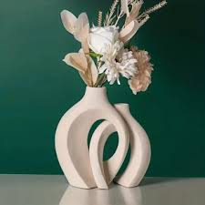 Snuggle Hollow Ceramic Vase Set of 2, Nordic Modern Boho ins Style Decorative Ceramic Aesthetic Flower Vase for Home Decor (Milky White W 6.3" X H 8.4")