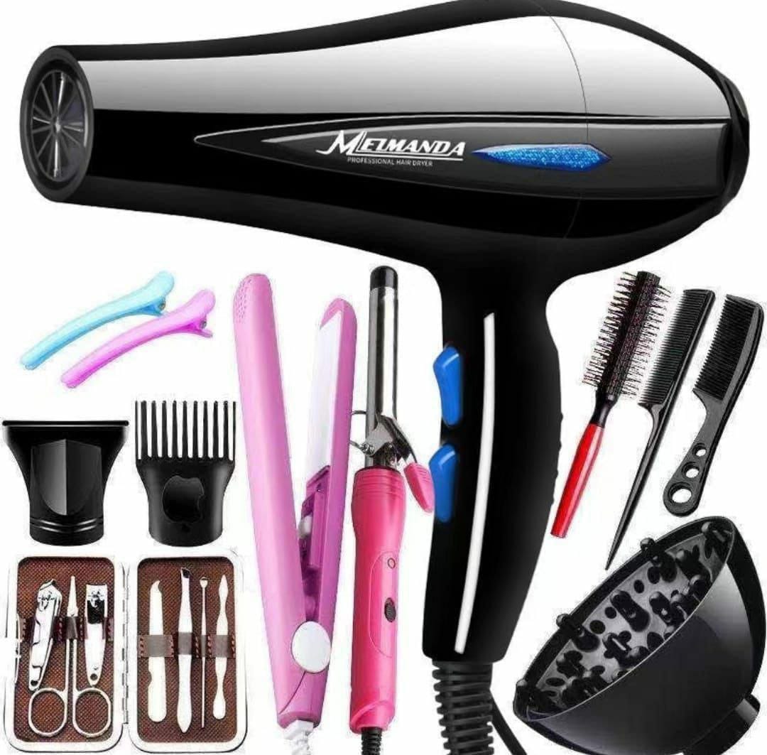 12Pcs Professional blow dry with accessories 1200W Hair Dryer Strong full set Blow Drier with cord1 Noozle1 Detachable Comb1 Flat Iron Tongs 2 Hair Clips 3 Styling Combs Manicure Kit Curl Maker Kit