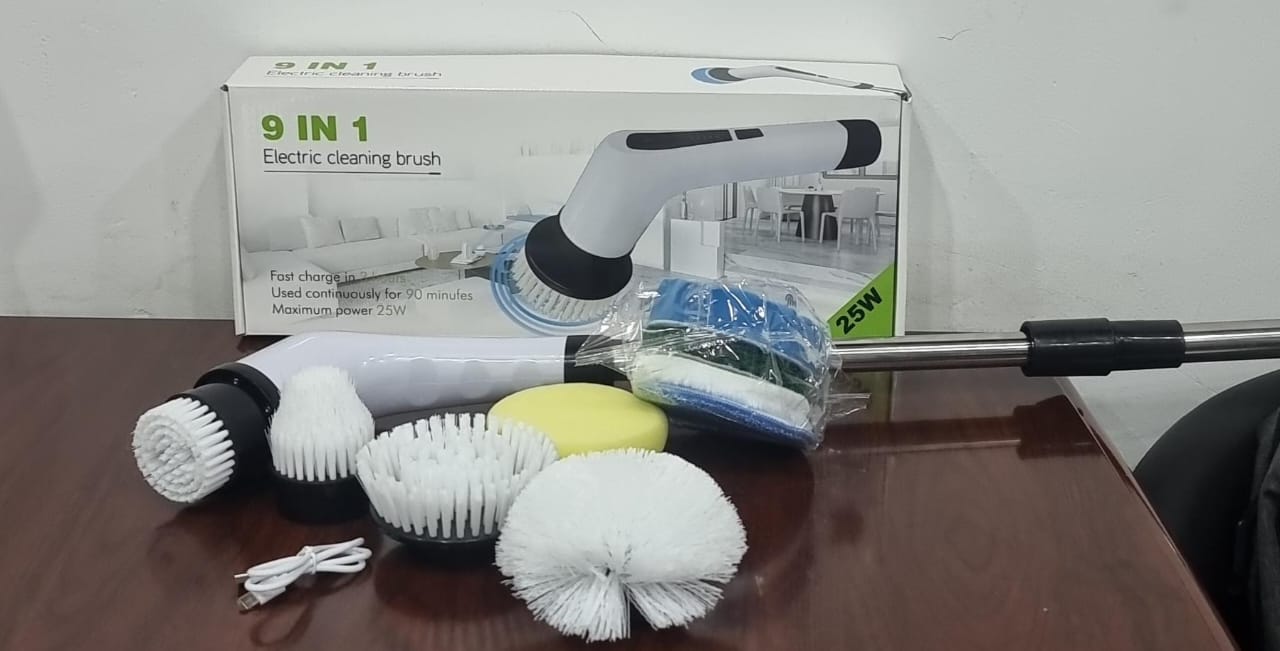 PORTABLE Rechargeable 9in1 Electric Cleaning Brush Electric Spin Scrubber,Cordless Cleaning Brush with 8 Replaceable Brush Heads,Adjustable & Detachable Handle