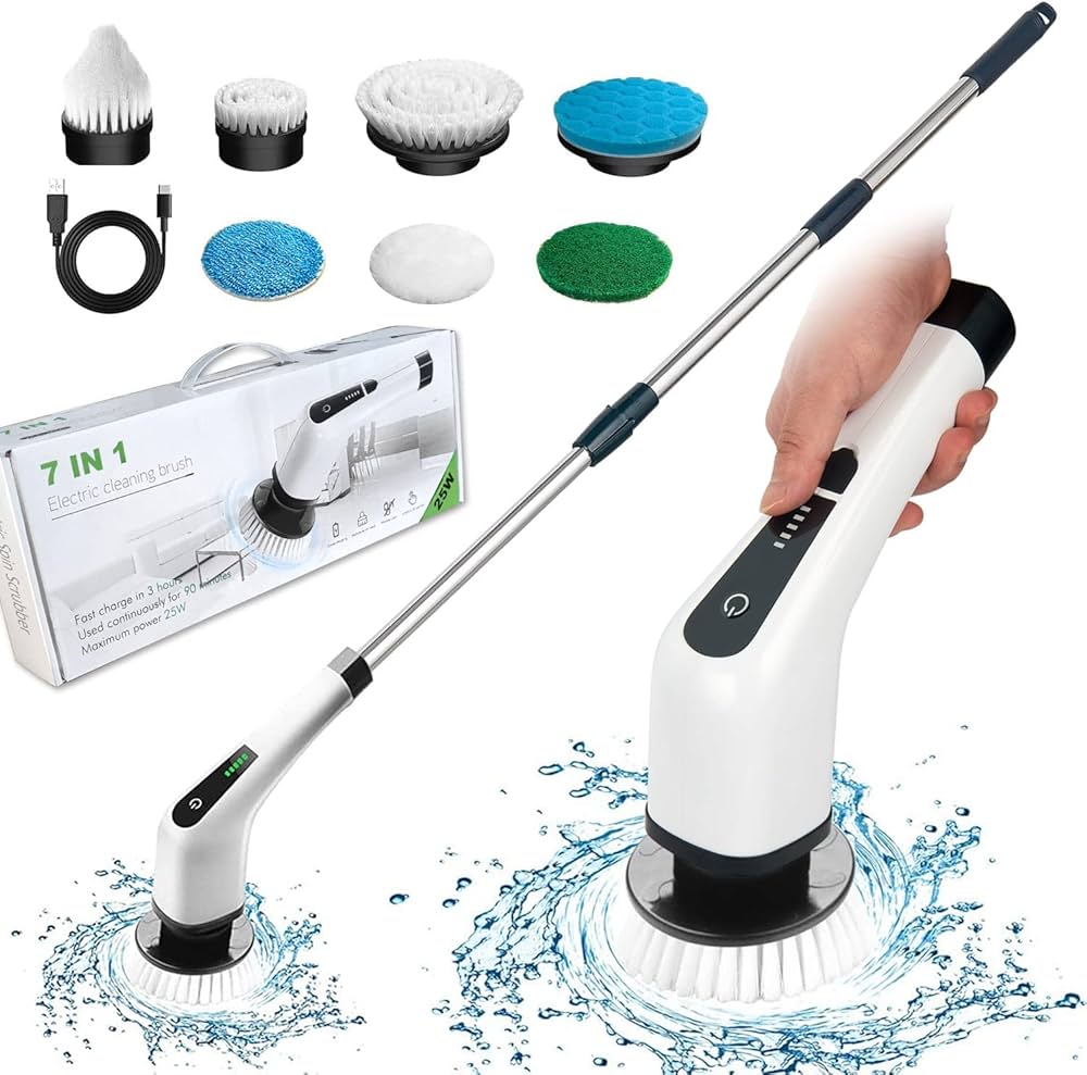 PORTABLE Rechargeable 9in1 Electric Cleaning Brush Electric Spin Scrubber,Cordless Cleaning Brush with 8 Replaceable Brush Heads,Adjustable & Detachable Handle