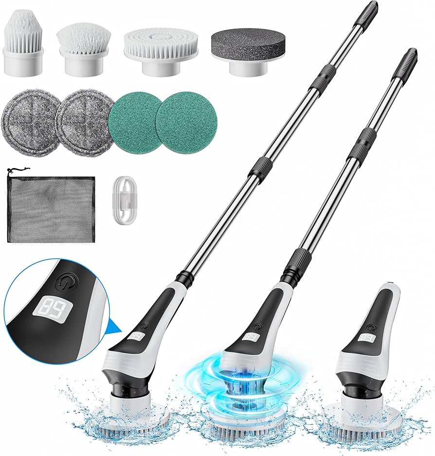 PORTABLE Rechargeable 9in1 Electric Cleaning Brush Electric Spin Scrubber,Cordless Cleaning Brush with 8 Replaceable Brush Heads,Adjustable & Detachable Handle