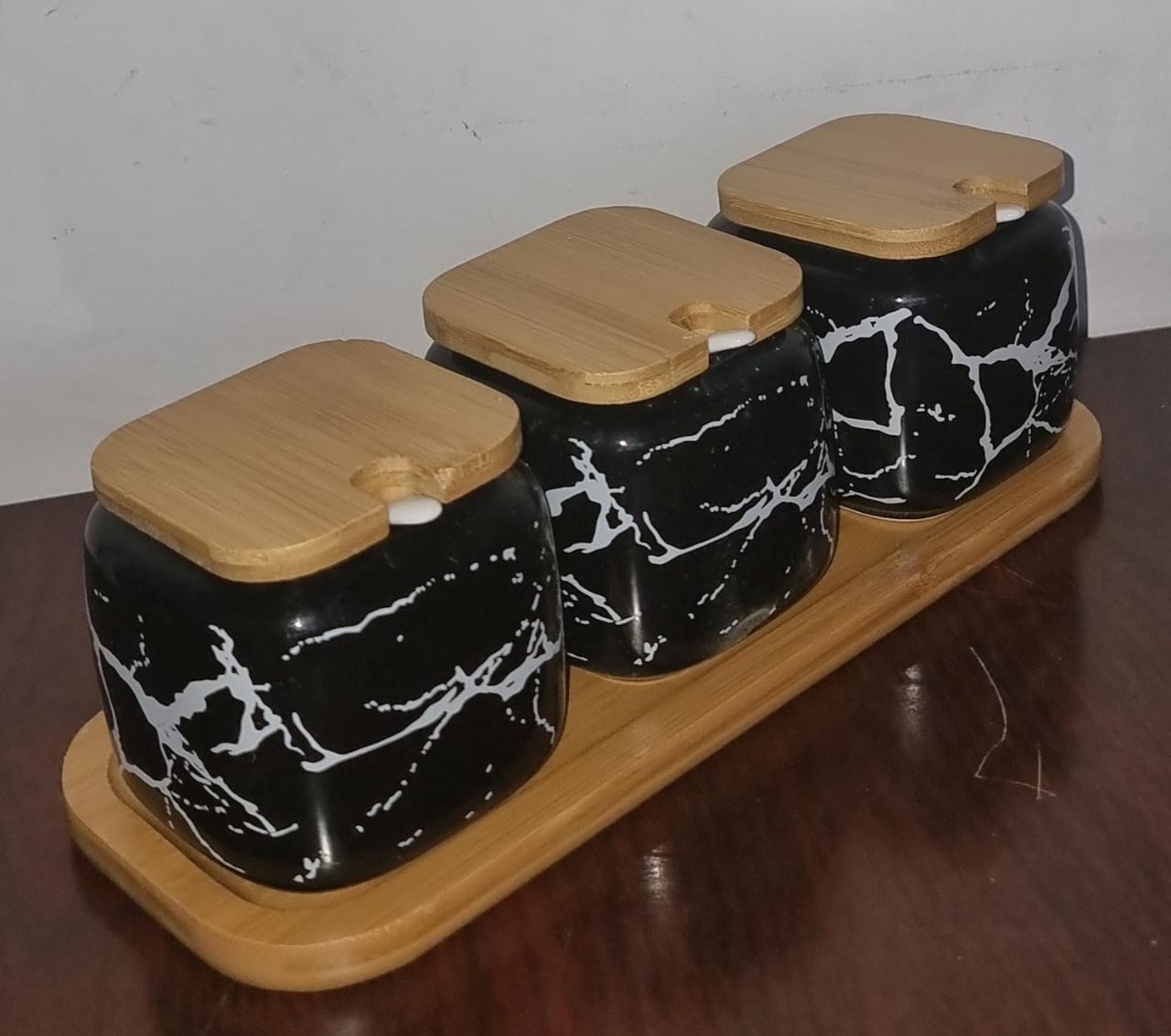 ☘🪷JA7735 or JAC7735 3pc set of 3 ceramic marble cruet sugar dish bamboo base