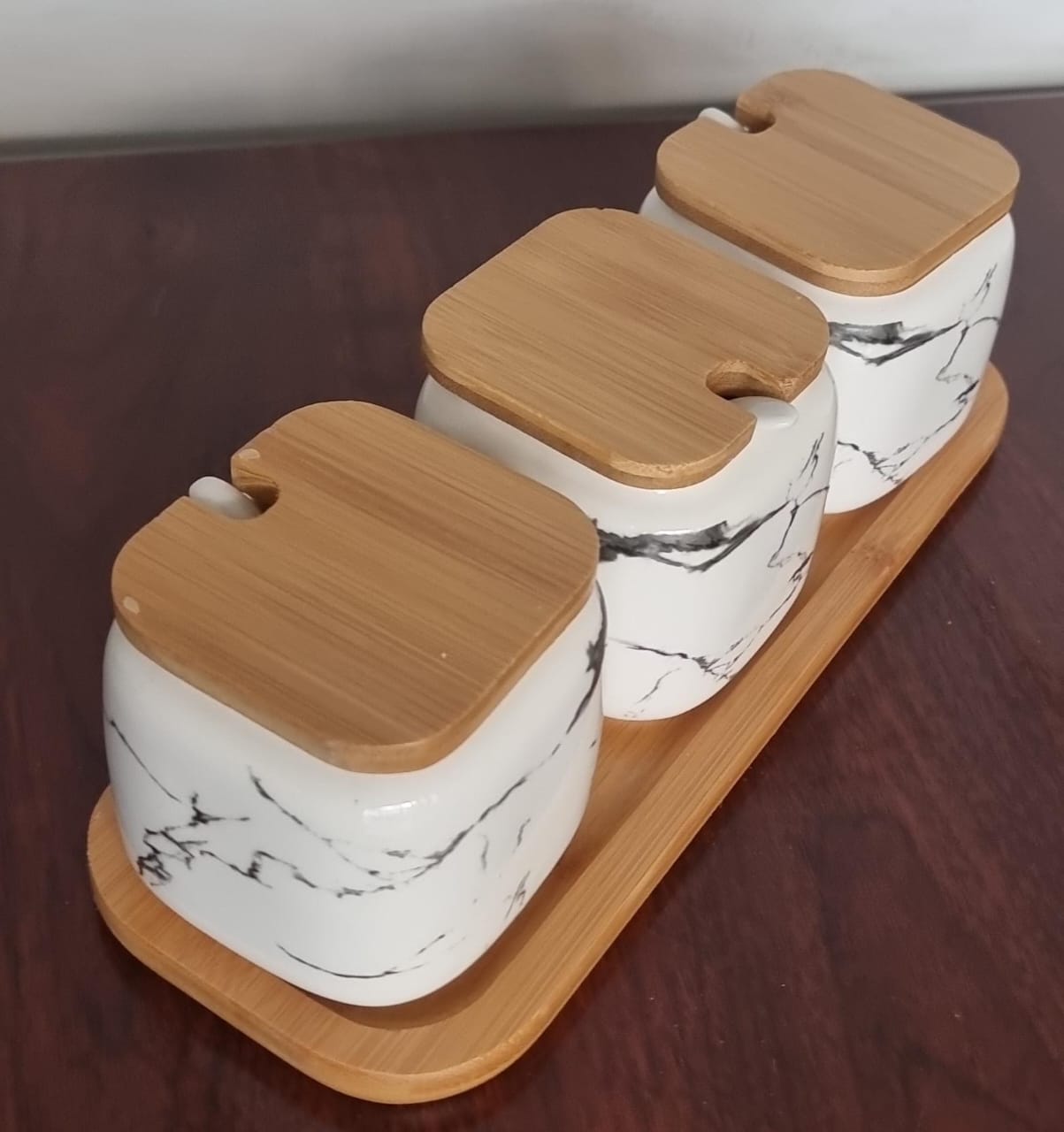 ☘🪷JA7735 or JAC7735 3pc set of 3 ceramic marble cruet sugar dish bamboo base