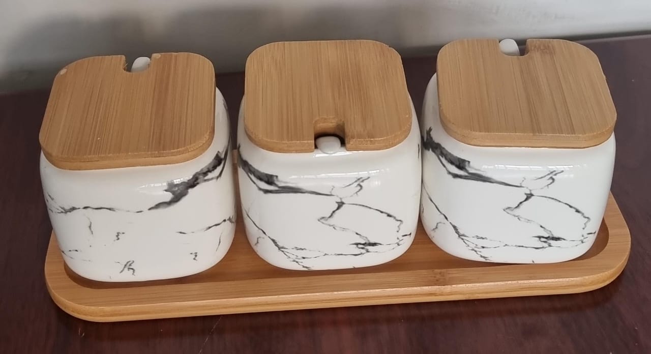 ☘🪷JA7735 or JAC7735 3pc set of 3 ceramic marble cruet sugar dish bamboo base