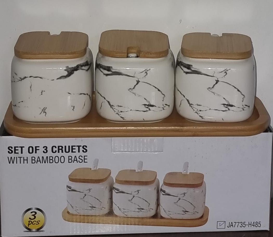 ☘🪷JA7735 or JAC7735 3pc set of 3 ceramic marble cruet sugar dish bamboo base