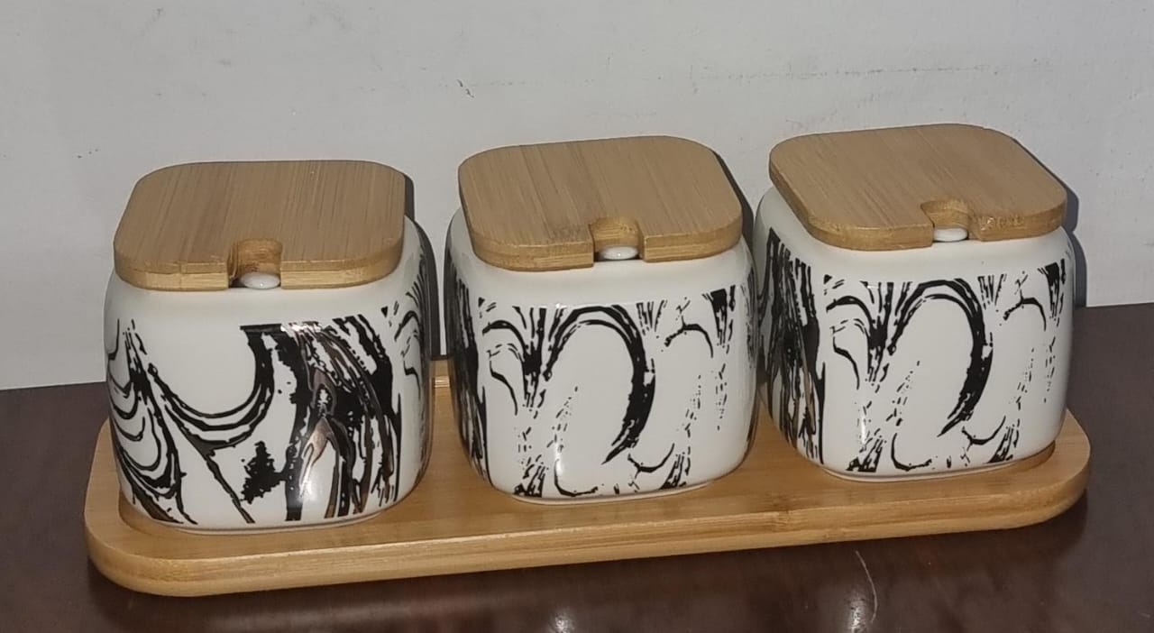 ☘🪷JA7735 or JAC7735 3pc set of 3 ceramic marble cruet sugar dish bamboo base