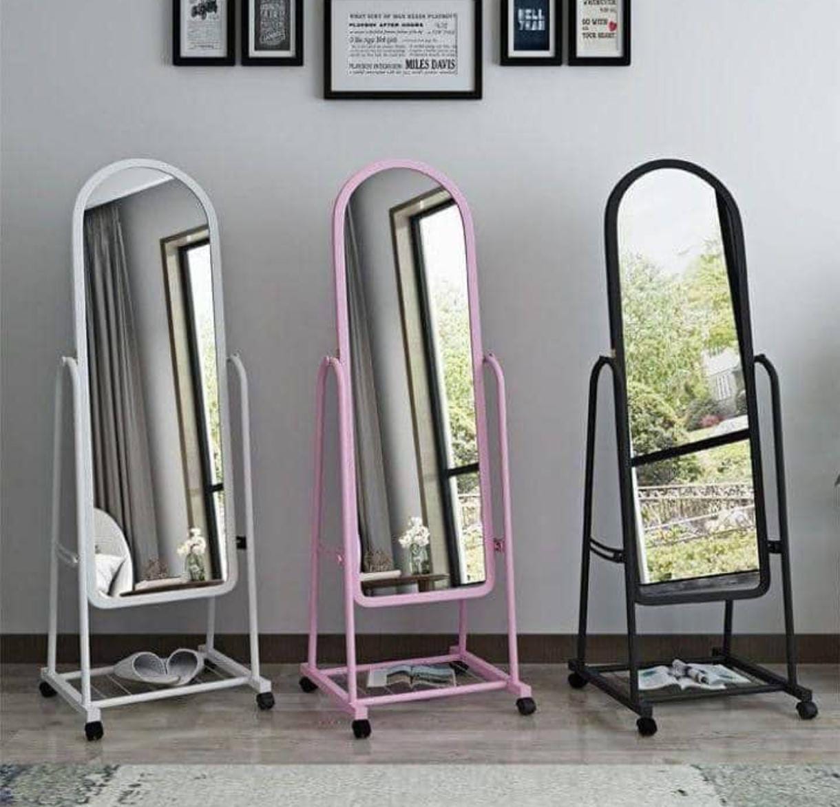 Black Full Length Dressing Mirror with Wheels and Shoe Rack, Built-in shoe rack: Provides convenient storage for multiple pairs of shoe