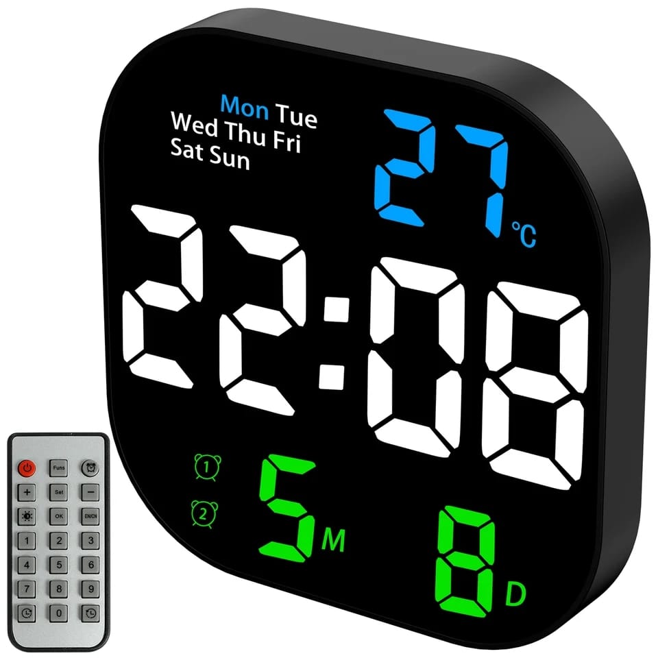 Large screen Digital wall clock
-Remote control 

-Memory Battery
 
-Time 24hr/12hr

-2 Alarms

-Stop Watch

-Temperature 

-Date Display

-Advanced time settings
