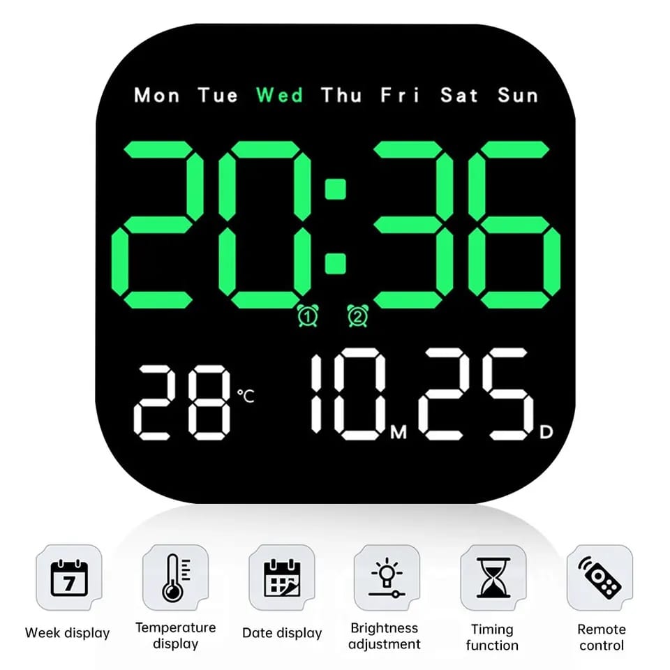Large screen Digital wall clock
-Remote control 

-Memory Battery
 
-Time 24hr/12hr

-2 Alarms

-Stop Watch

-Temperature 

-Date Display

-Advanced time settings