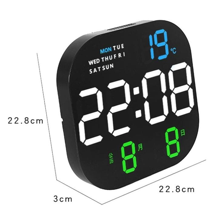 Large screen Digital wall clock
-Remote control 

-Memory Battery
 
-Time 24hr/12hr

-2 Alarms

-Stop Watch

-Temperature 

-Date Display

-Advanced time settings