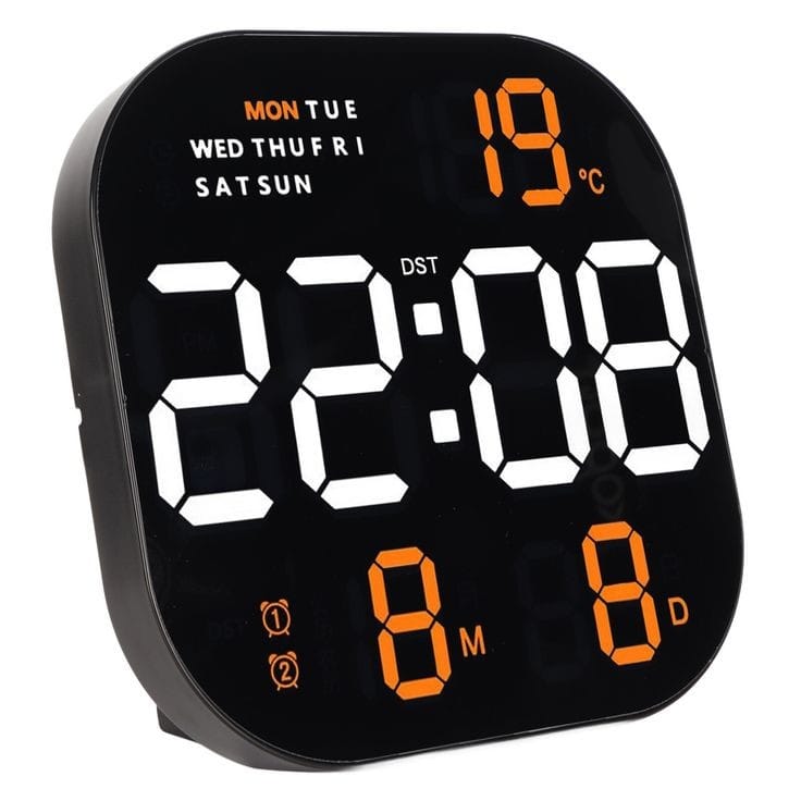 Large screen Digital wall clock
-Remote control 

-Memory Battery
 
-Time 24hr/12hr

-2 Alarms

-Stop Watch

-Temperature 

-Date Display

-Advanced time settings