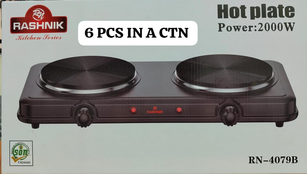 Rashnik 2 double electric hot plate cooker

    Portable Double hot plate
    Powerful for faster heating
    Chrome drip pans
    Adjustable temperature control
    Power ready on light