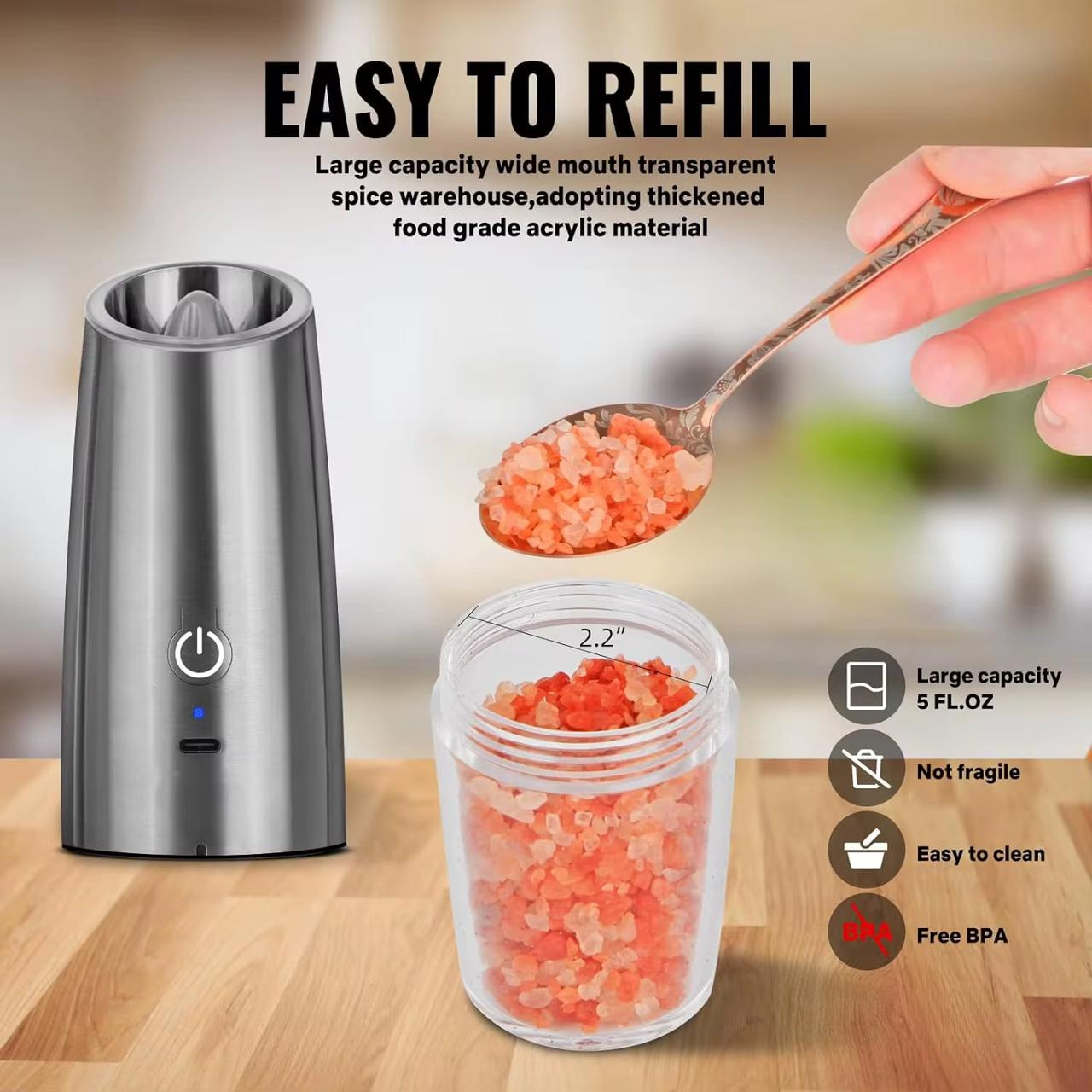 Rechargeable Electric Salt and Pepper Grinder
✅Gravity-Activated for One-Handed Operation
✅USB Rechargeable 
✅Adjustable Coarseness