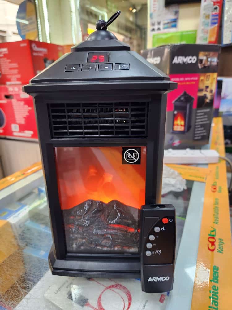 Armco versatile portable Fireplace Heater; It is equipped with a tip-over shut off switch, cool-touch exterior and carrying handle. Excellent for tables and small spaces.