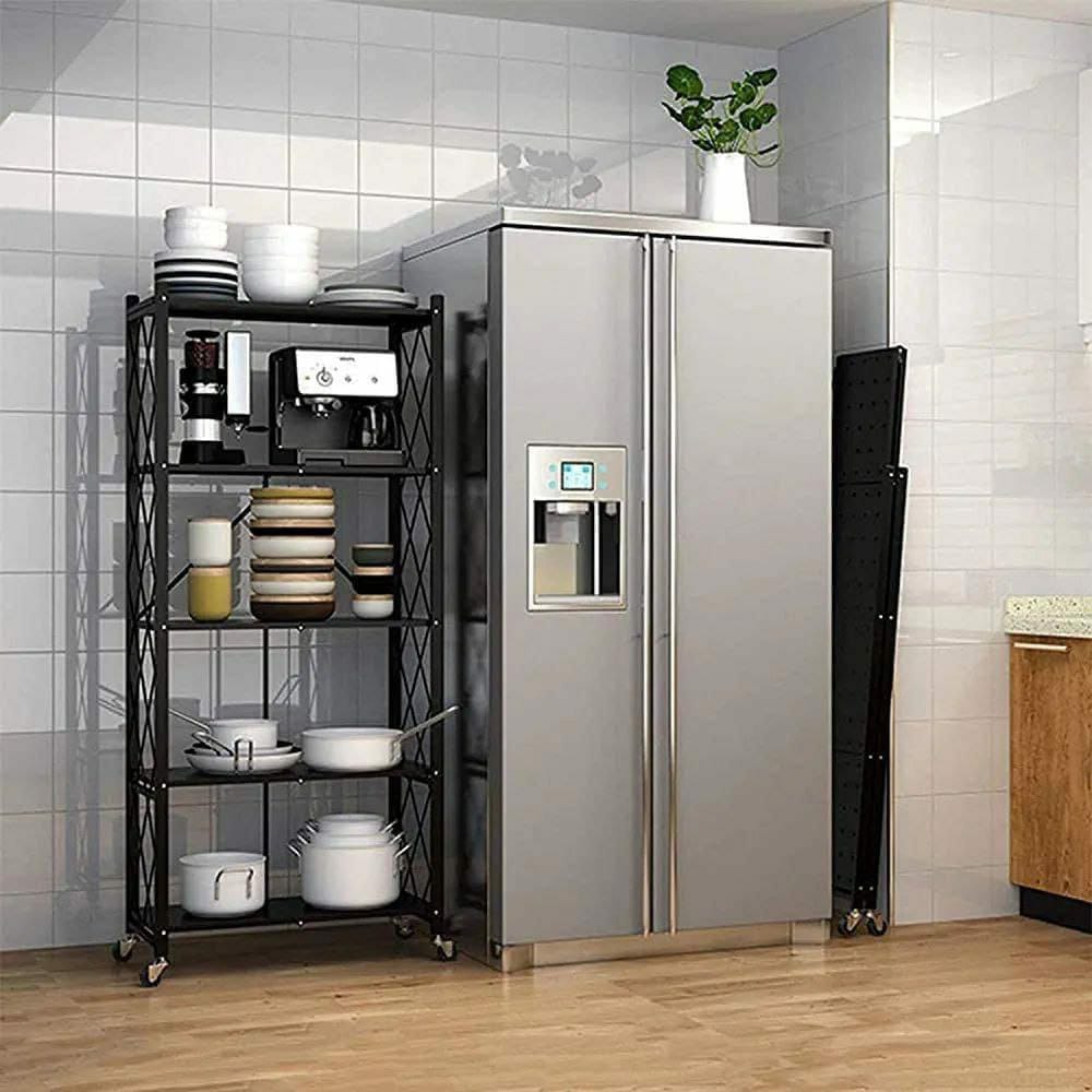5 Tier Foldable Shelving Unit with Wheels, Freestanding Metal Storage Shelf Heavy Duty Standing Shelves Units for Home Kitchen Bakers Closet Pantry