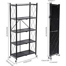 5 Tier Foldable Shelving Unit with Wheels, Freestanding Metal Storage Shelf Heavy Duty Standing Shelves Units for Home Kitchen Bakers Closet Pantry