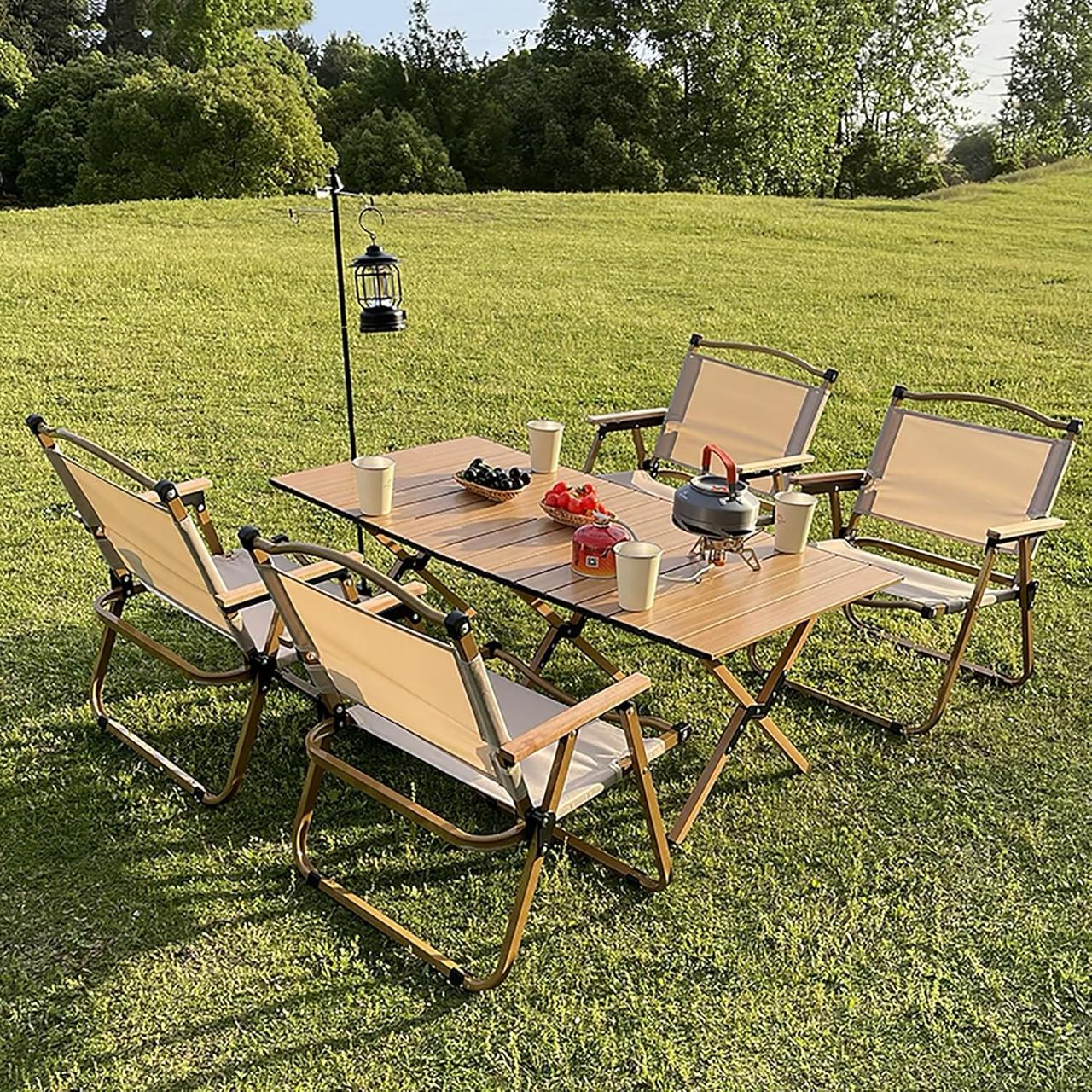 Foldable Camping Picnic Table With 4 chairs and storage box
Table size: 120x60x45cm 
Camping chair: 52cm x 53cmx 80cm
Foldable box: 120L